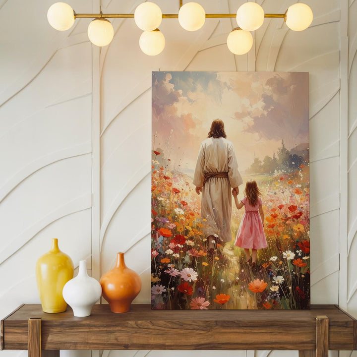 Jesus Walking Hand-in-Hand Canvas – Joyful Christian Wall Art of Spiritual Guidance and Innocence - Gifitto