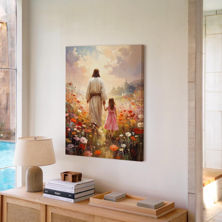Jesus Walking Hand-in-Hand Canvas – Joyful Christian Wall Art of Spiritual Guidance and Innocence - Gifitto
