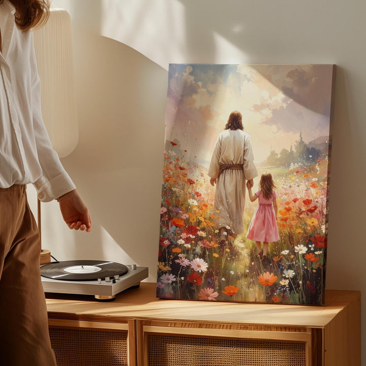 Jesus Walking Hand-in-Hand Canvas – Joyful Christian Wall Art of Spiritual Guidance and Innocence - Gifitto