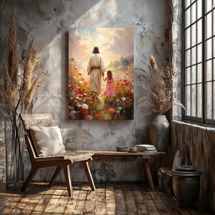 Jesus Walking Hand-in-Hand Canvas – Joyful Christian Wall Art of Spiritual Guidance and Innocence - Gifitto