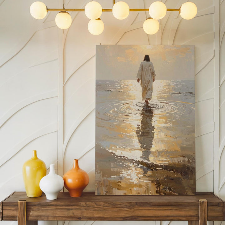 Jesus Walking on Golden Waters Canvas – Serene Christian Wall Art of Divine Trust and Grace - Gifitto