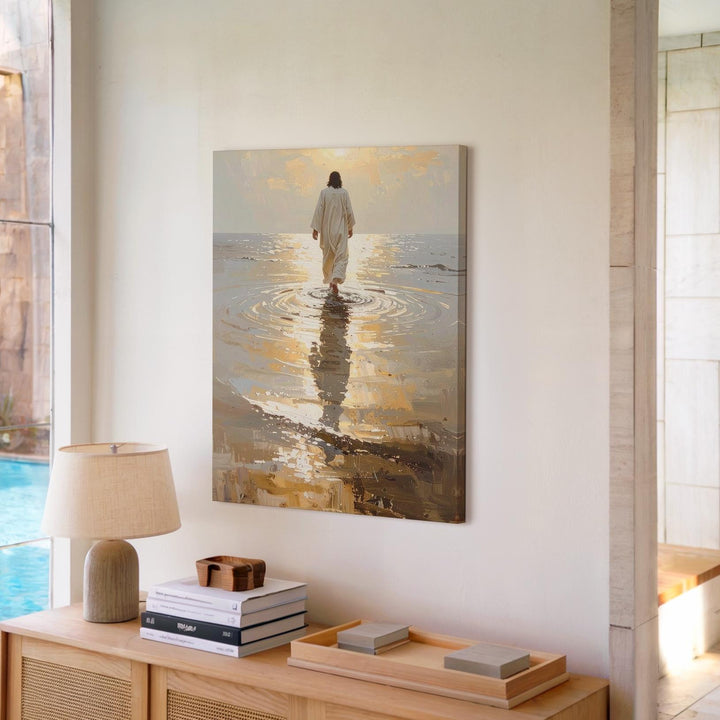 Jesus Walking on Golden Waters Canvas – Serene Christian Wall Art of Divine Trust and Grace - Gifitto