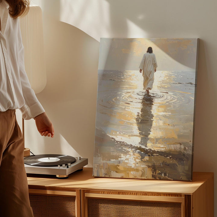 Jesus Walking on Golden Waters Canvas – Serene Christian Wall Art of Divine Trust and Grace - Gifitto