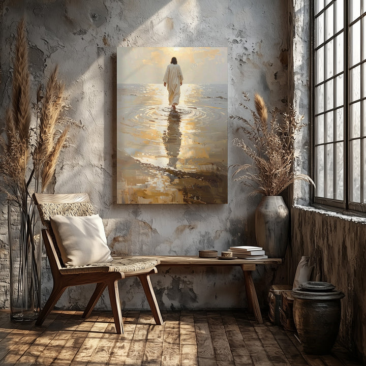 Jesus Walking on Golden Waters Canvas – Serene Christian Wall Art of Divine Trust and Grace - Gifitto