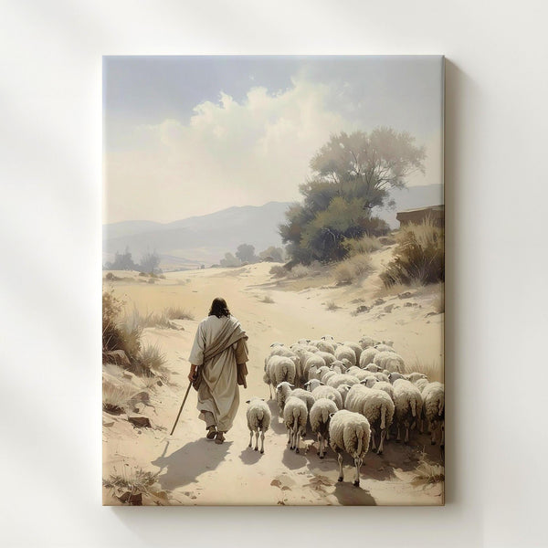 Jesus Walking with Sheep in Desert Canvas – Minimalist Christian Wall Art of Divine Leadership and Peace - Gifitto