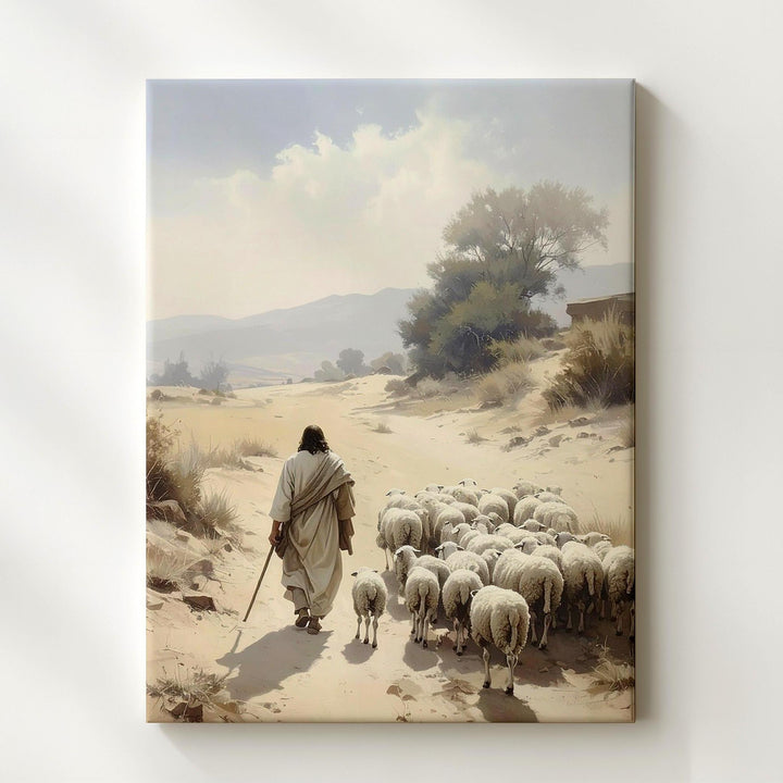 Jesus Walking with Sheep in Desert Canvas – Minimalist Christian Wall Art of Divine Leadership and Peace - Gifitto