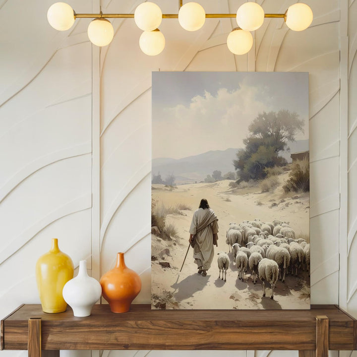 Jesus Walking with Sheep in Desert Canvas – Minimalist Christian Wall Art of Divine Leadership and Peace - Gifitto