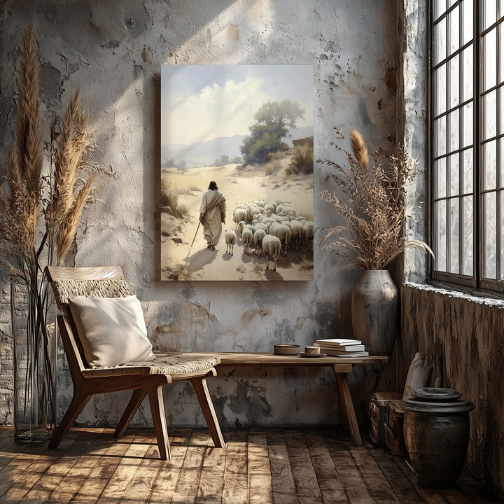 Jesus Walking with Sheep in Desert Canvas – Minimalist Christian Wall Art of Divine Leadership and Peace - Gifitto