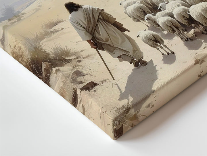 Jesus Walking with Sheep in Desert Canvas – Minimalist Christian Wall Art of Divine Leadership and Peace - Gifitto