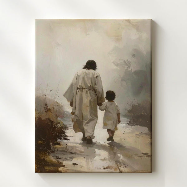 Jesus Walking with Child Canvas – Minimalist Christian Wall Art of Divine Guidance and Companionship - Gifitto