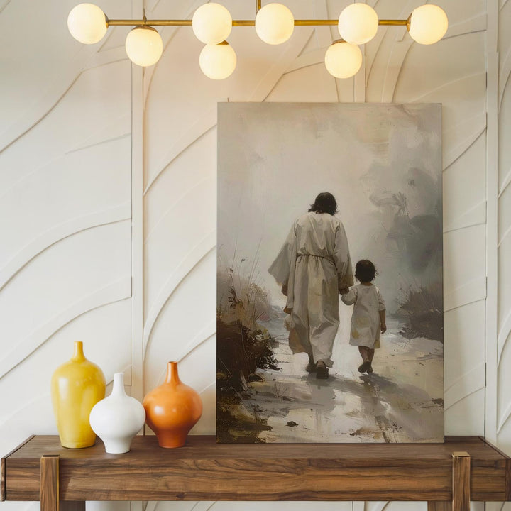 Jesus Walking with Child Canvas – Minimalist Christian Wall Art of Divine Guidance and Companionship - Gifitto