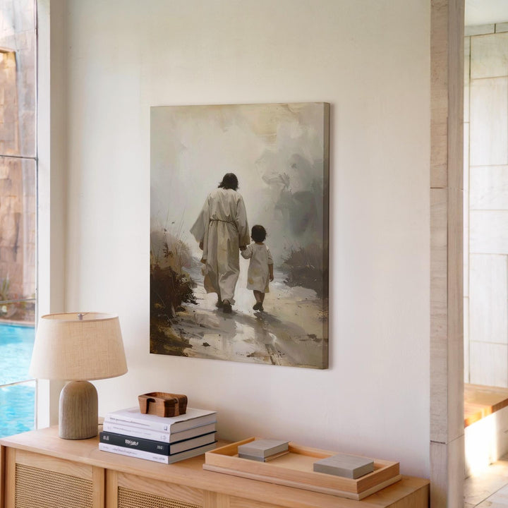 Jesus Walking with Child Canvas – Minimalist Christian Wall Art of Divine Guidance and Companionship - Gifitto