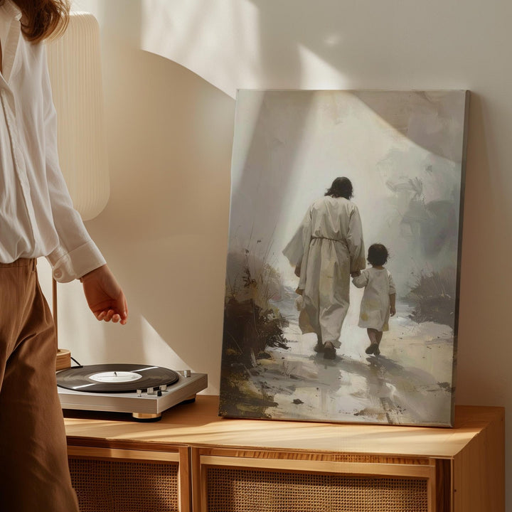 Jesus Walking with Child Canvas – Minimalist Christian Wall Art of Divine Guidance and Companionship - Gifitto