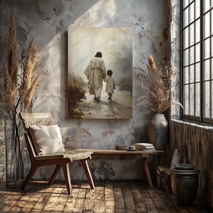 Jesus Walking with Child Canvas – Minimalist Christian Wall Art of Divine Guidance and Companionship - Gifitto