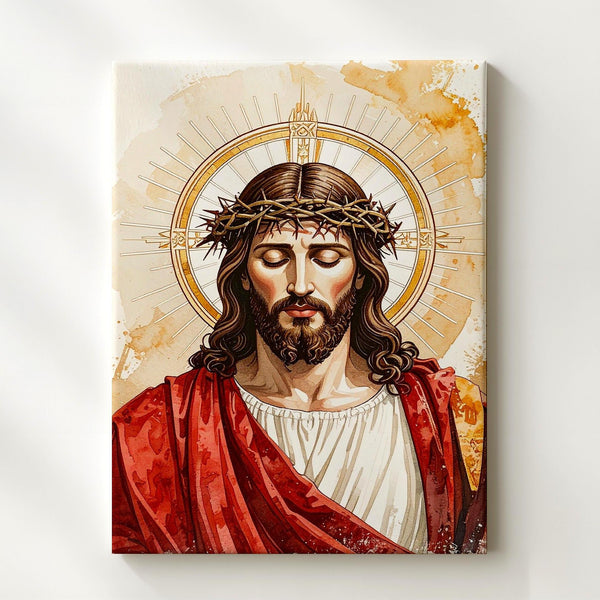 Stylized Jesus with Crown of Thorns Canvas – Minimalist Christian Wall Art of Divine Sorrow and Grace - Gifitto