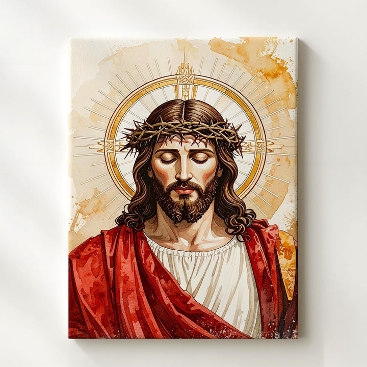Stylized Jesus with Crown of Thorns Canvas – Minimalist Christian Wall Art of Divine Sorrow and Grace - Gifitto
