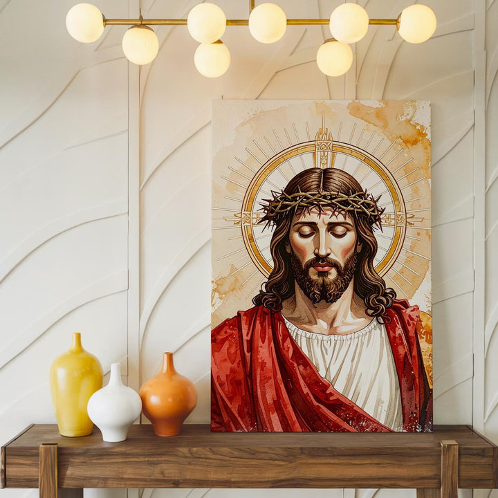 Stylized Jesus with Crown of Thorns Canvas – Minimalist Christian Wall Art of Divine Sorrow and Grace - Gifitto