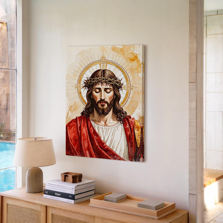 Stylized Jesus with Crown of Thorns Canvas – Minimalist Christian Wall Art of Divine Sorrow and Grace - Gifitto