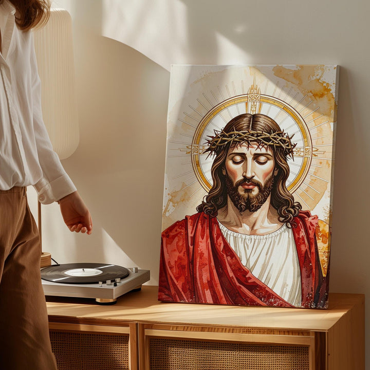 Stylized Jesus with Crown of Thorns Canvas – Minimalist Christian Wall Art of Divine Sorrow and Grace - Gifitto