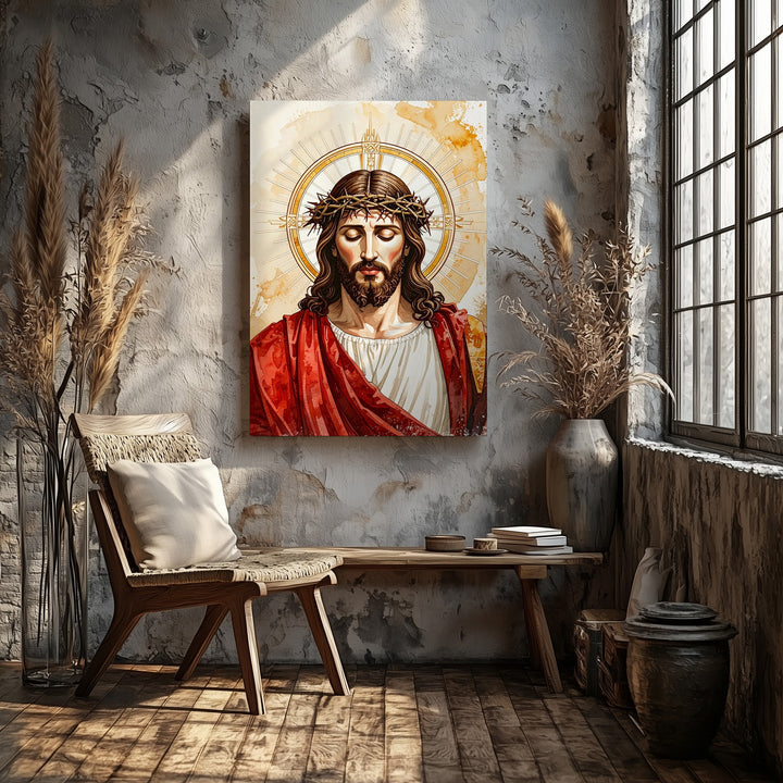 Stylized Jesus with Crown of Thorns Canvas – Minimalist Christian Wall Art of Divine Sorrow and Grace - Gifitto