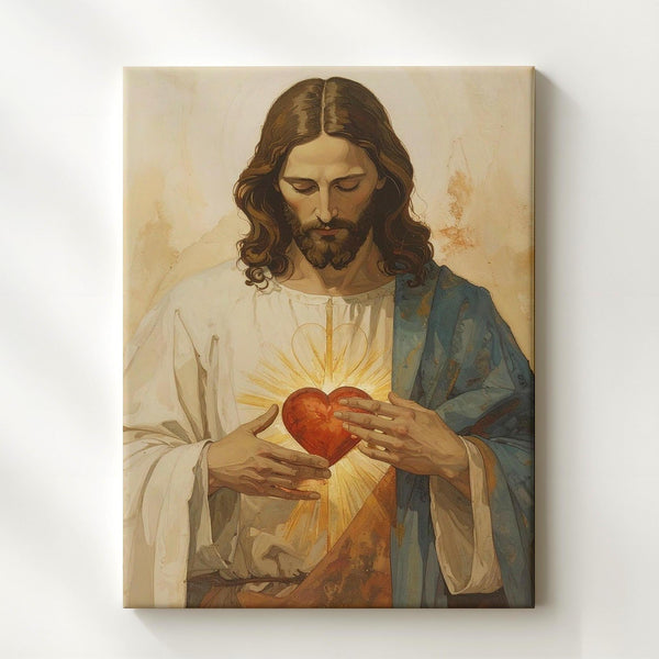 Jesus with Glowing Sacred Heart Canvas – Serene Christian Wall Art of Divine Love and Devotion - Gifitto