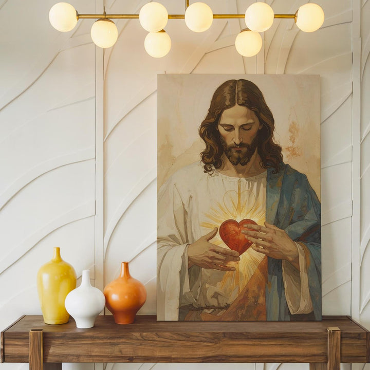 Jesus with Glowing Sacred Heart Canvas – Serene Christian Wall Art of Divine Love and Devotion - Gifitto