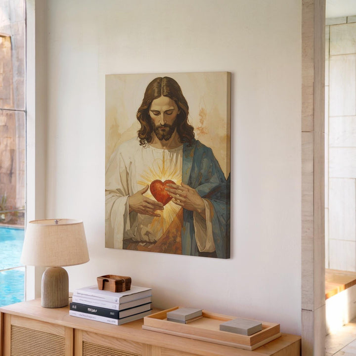 Jesus with Glowing Sacred Heart Canvas – Serene Christian Wall Art of Divine Love and Devotion - Gifitto