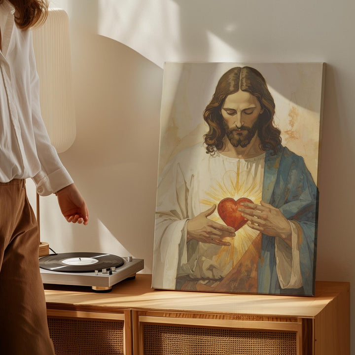 Jesus with Glowing Sacred Heart Canvas – Serene Christian Wall Art of Divine Love and Devotion - Gifitto