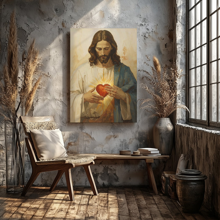 Jesus with Glowing Sacred Heart Canvas – Serene Christian Wall Art of Divine Love and Devotion - Gifitto