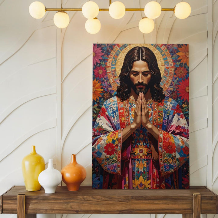 Jesus in Ornate Folk Robe Canvas – Vibrant Christian Wall Art of Devotion and Sacred Tradition - Gifitto