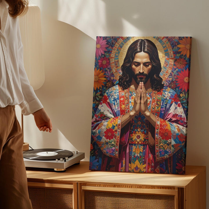 Jesus in Ornate Folk Robe Canvas – Vibrant Christian Wall Art of Devotion and Sacred Tradition - Gifitto