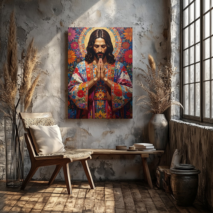 Jesus in Ornate Folk Robe Canvas – Vibrant Christian Wall Art of Devotion and Sacred Tradition - Gifitto