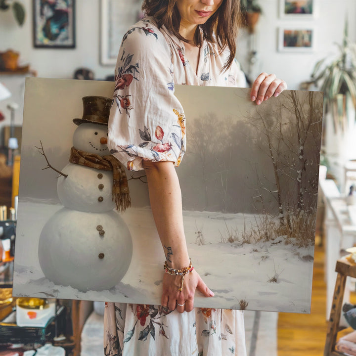 Jolly Snowman in Clearing Canvas – Playful Winter Portrait Art - Gifitto