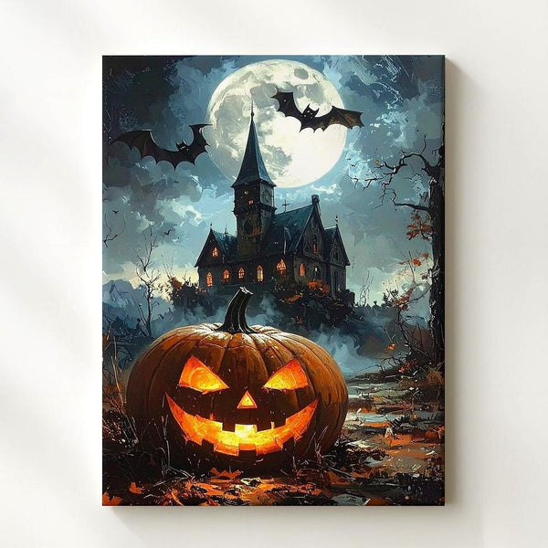 Haunted Mansion & Jack-O'-Lantern Canvas – Gothic Halloween Moonlit Scene - Gifitto