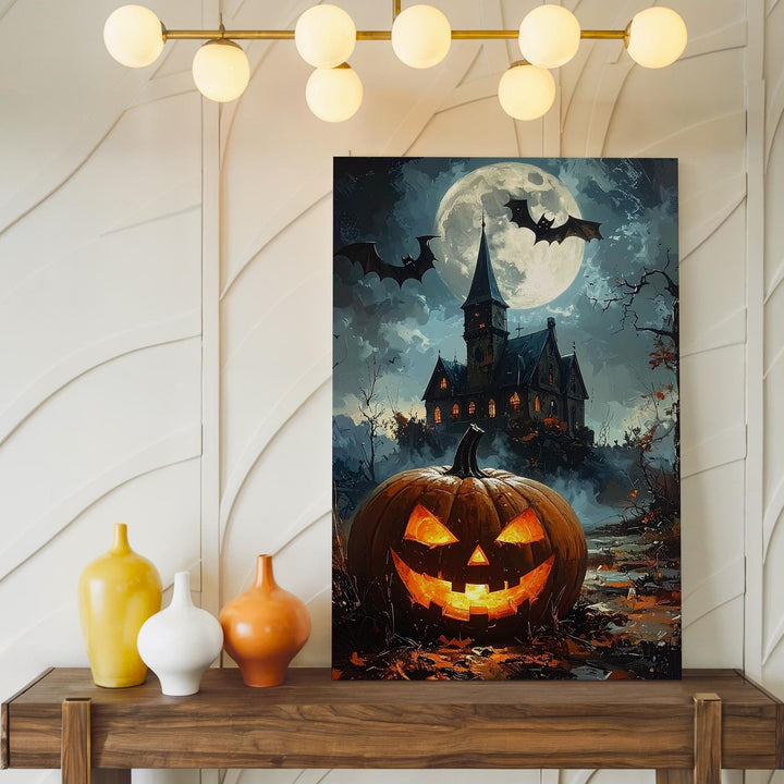 Haunted Mansion & Jack-O'-Lantern Canvas – Gothic Halloween Moonlit Scene - Gifitto