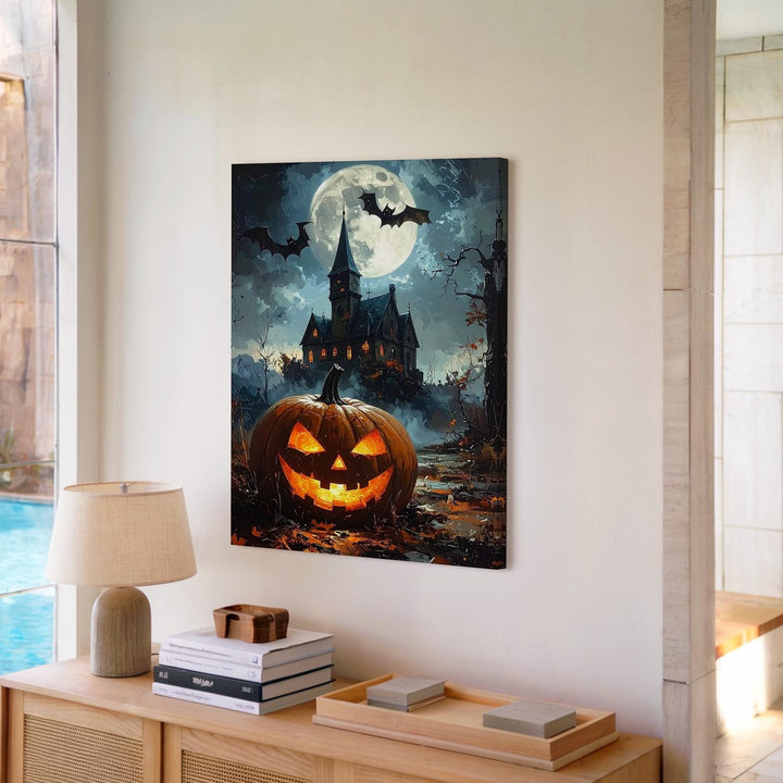 Haunted Mansion & Jack-O'-Lantern Canvas – Gothic Halloween Moonlit Scene - Gifitto