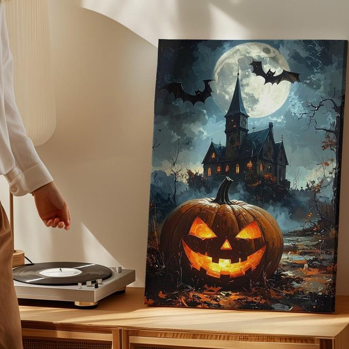 Haunted Mansion & Jack-O'-Lantern Canvas – Gothic Halloween Moonlit Scene - Gifitto