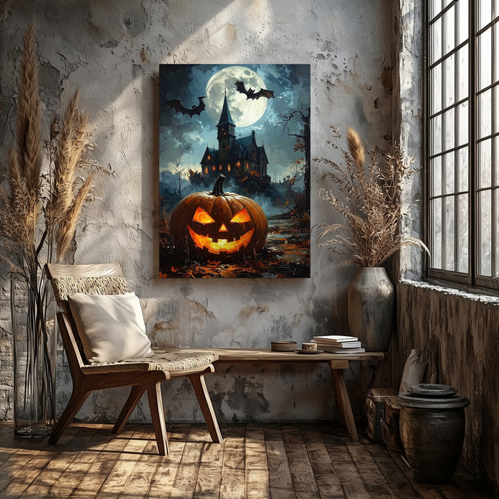 Haunted Mansion & Jack-O'-Lantern Canvas – Gothic Halloween Moonlit Scene - Gifitto