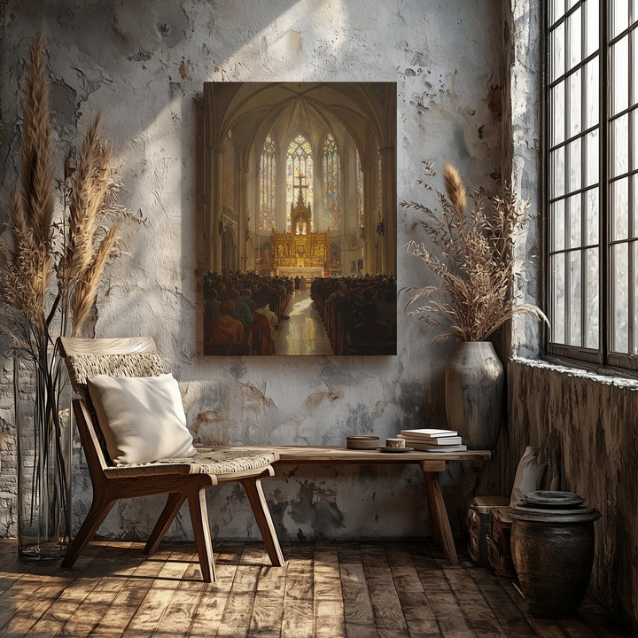 Grand Cathedral Worship Canvas – Majestic Christian Wall Art of Sacred Celebration and Divine Unity - Gifitto