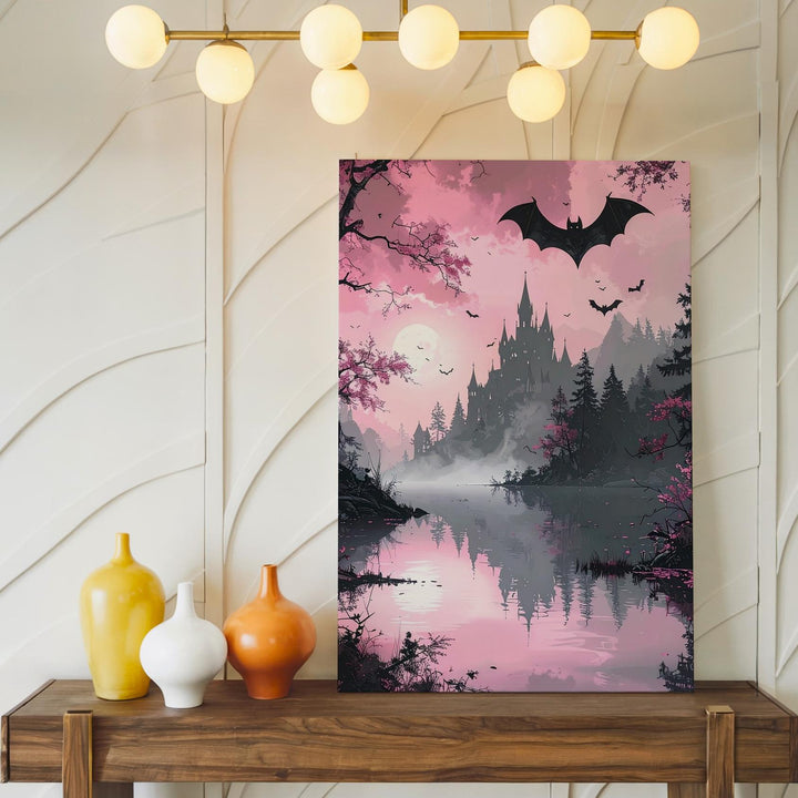 Gothic Lake Canvas – Reflective Waters & Spooky Castle Halloween Art - Gifitto