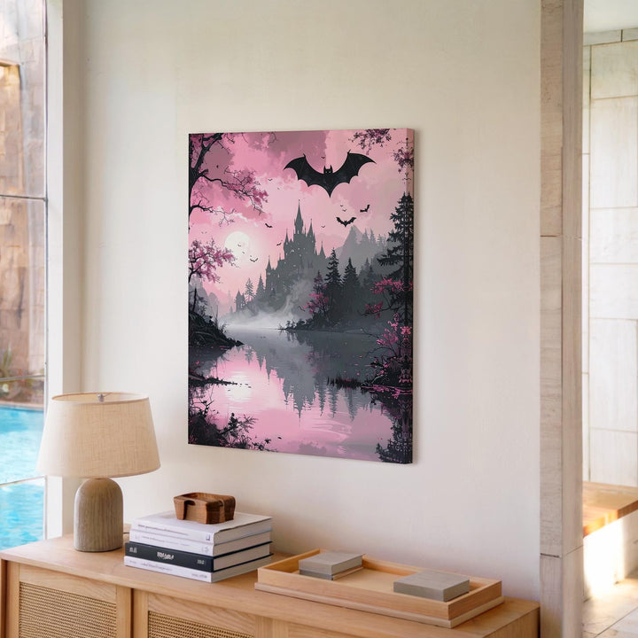 Gothic Lake Canvas – Reflective Waters & Spooky Castle Halloween Art - Gifitto