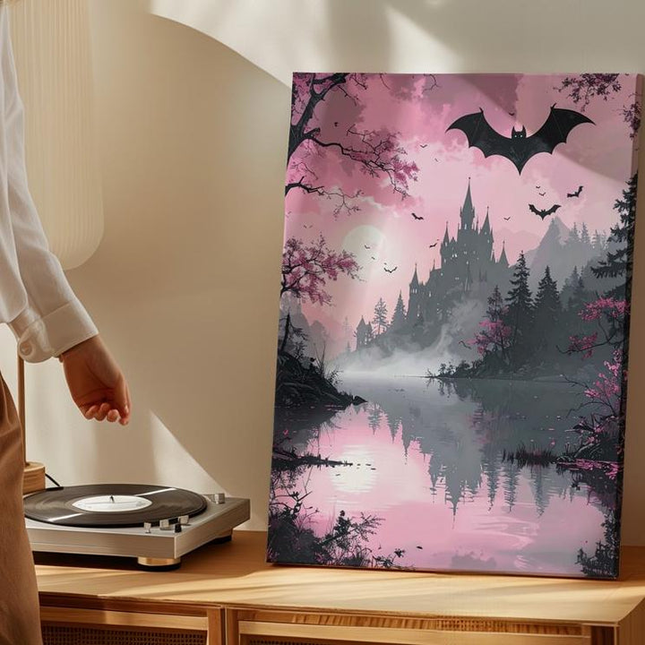 Gothic Lake Canvas – Reflective Waters & Spooky Castle Halloween Art - Gifitto