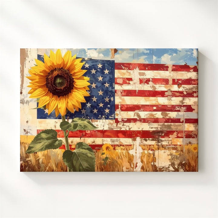 Patriotic Sunflower Canvas – Rustic Flag Petals on Farmhouse Wood Wall Art - Gifitto