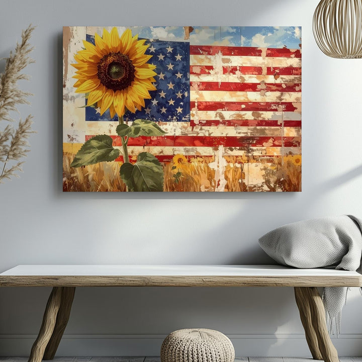 Patriotic Sunflower Canvas – Rustic Flag Petals on Farmhouse Wood Wall Art - Gifitto