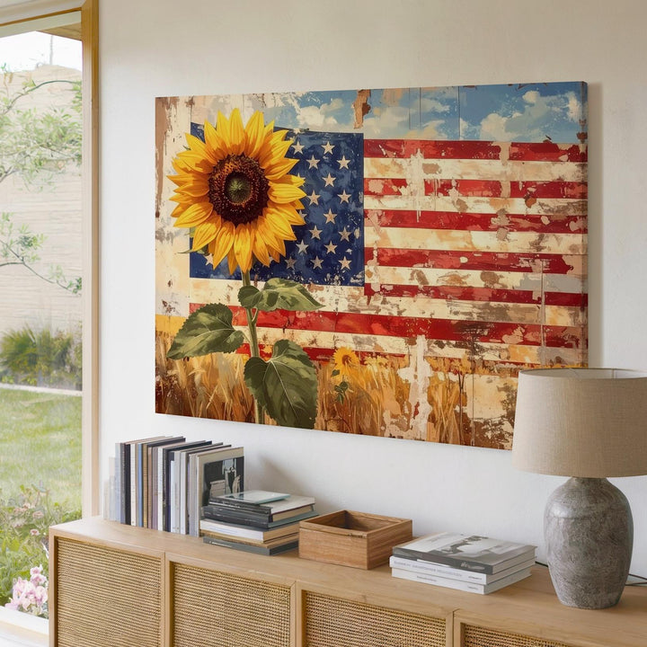 Patriotic Sunflower Canvas – Rustic Flag Petals on Farmhouse Wood Wall Art - Gifitto