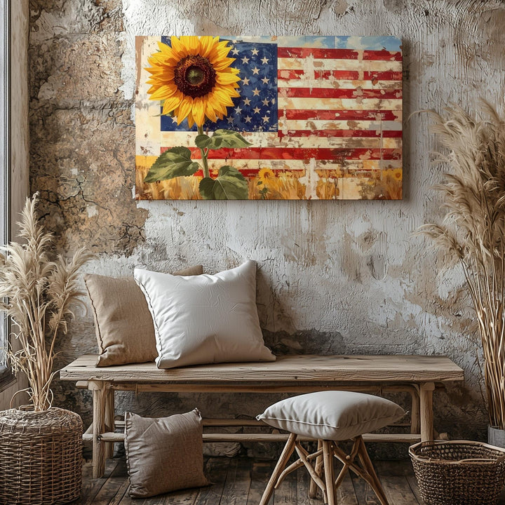 Patriotic Sunflower Canvas – Rustic Flag Petals on Farmhouse Wood Wall Art - Gifitto