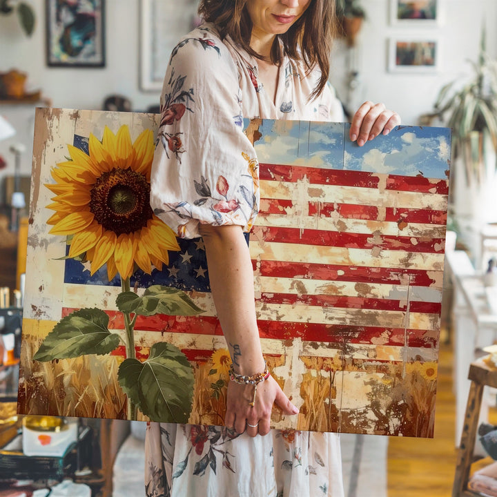 Patriotic Sunflower Canvas – Rustic Flag Petals on Farmhouse Wood Wall Art - Gifitto