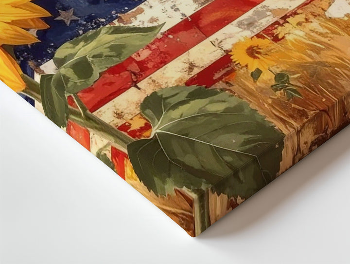 Patriotic Sunflower Canvas – Rustic Flag Petals on Farmhouse Wood Wall Art - Gifitto