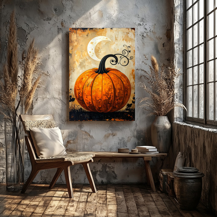 Vintage Harvest Pumpkin Canvas – Rustic Halloween Minimalist Art - Gifitto