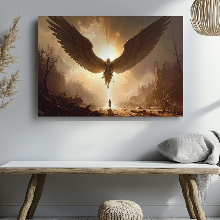 Descending Angel Canvas – Silhouetted Winged Messenger of Light - Gifitto